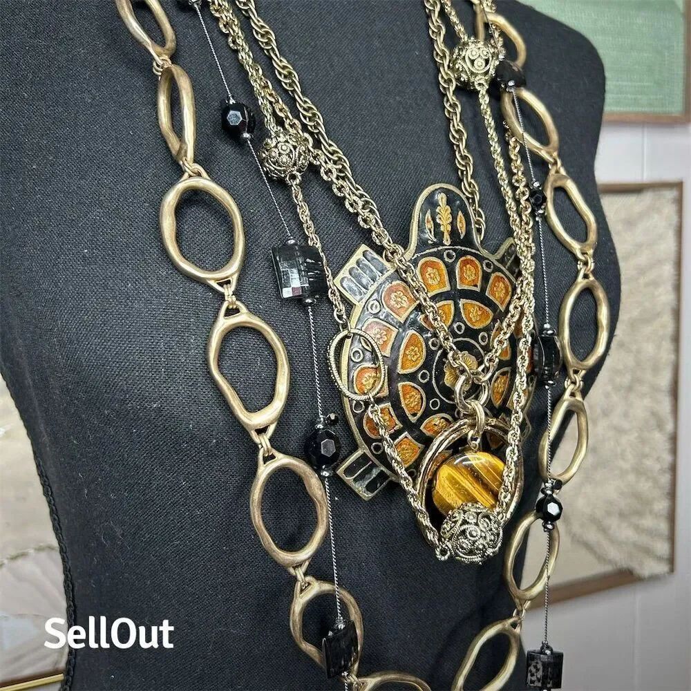 Art Nouveau Style Multicolor Necklaces Tiger's Eye Turtle Costume 5 Pc